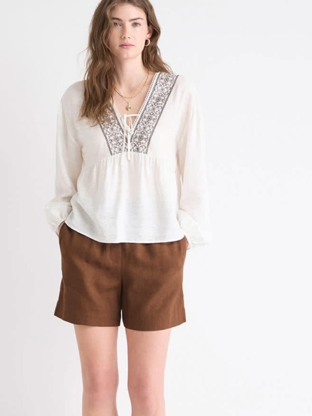 NWOT Peasant Blouse with Brown Embroidered V-Neck